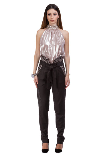 Cool wool trousers with knitted lace edged belt
